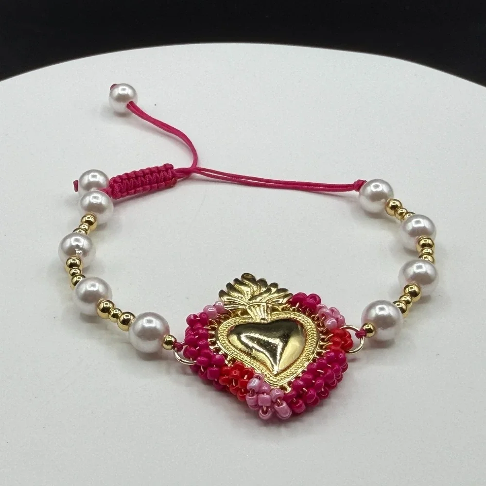 Sacred Heart Bracelet Pink Beaded Pearl Adjustable Gold Tone Valentine Boho